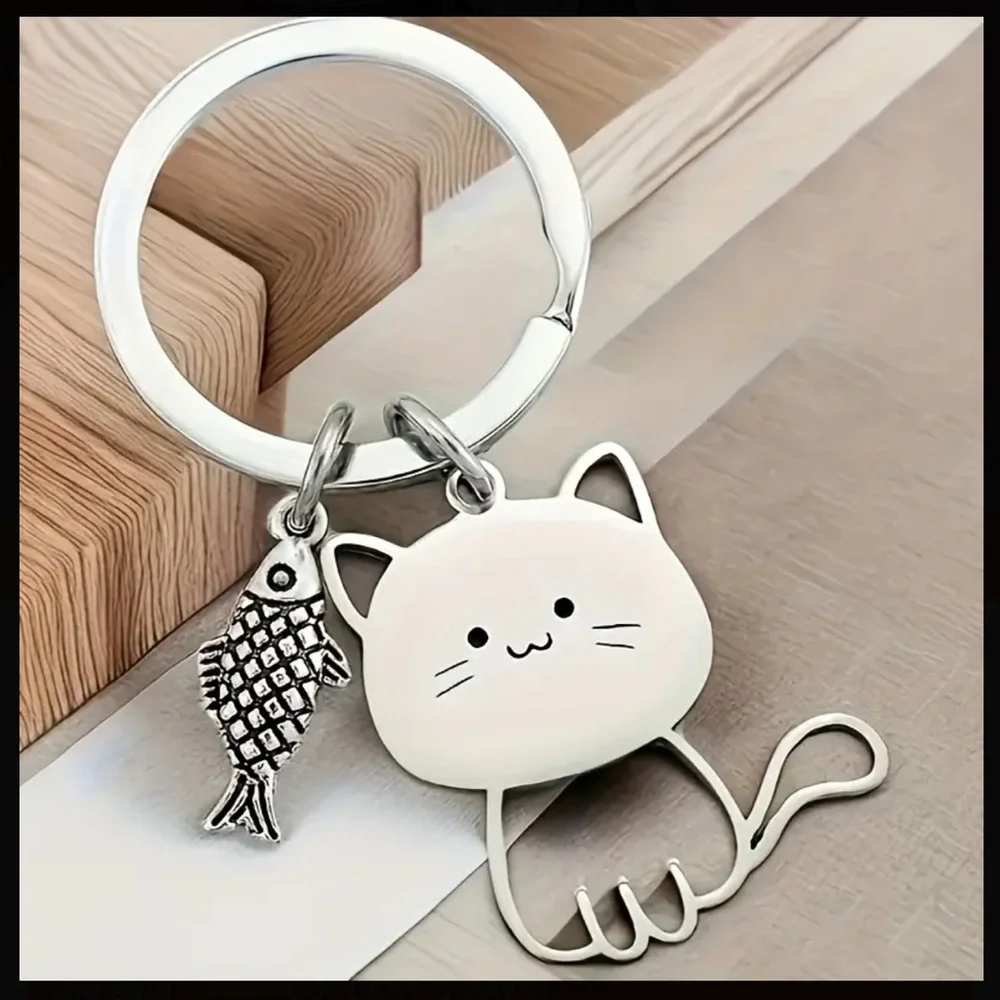 Silver Cat Keychain with Fish Charm